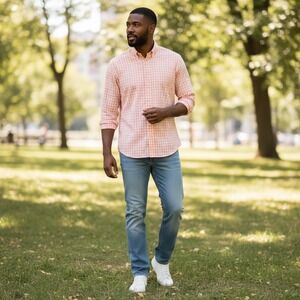 NEW Mens Peach Gingham Long Sleeve Button Down Shirt Size Medium Tall‎ Cotton